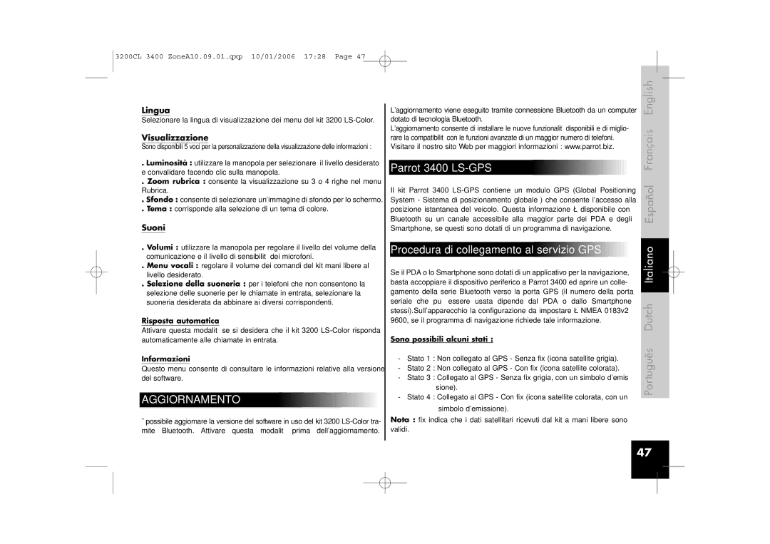 Parrot 3200 user manual Aggiornamento, Parrot 3400 LS-GPS, Procedura di collegamento al servizio GPS 