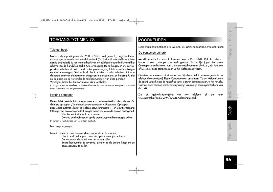 Parrot 3200, 3400 user manual Toegang TOT Menus, Voorkeuren 