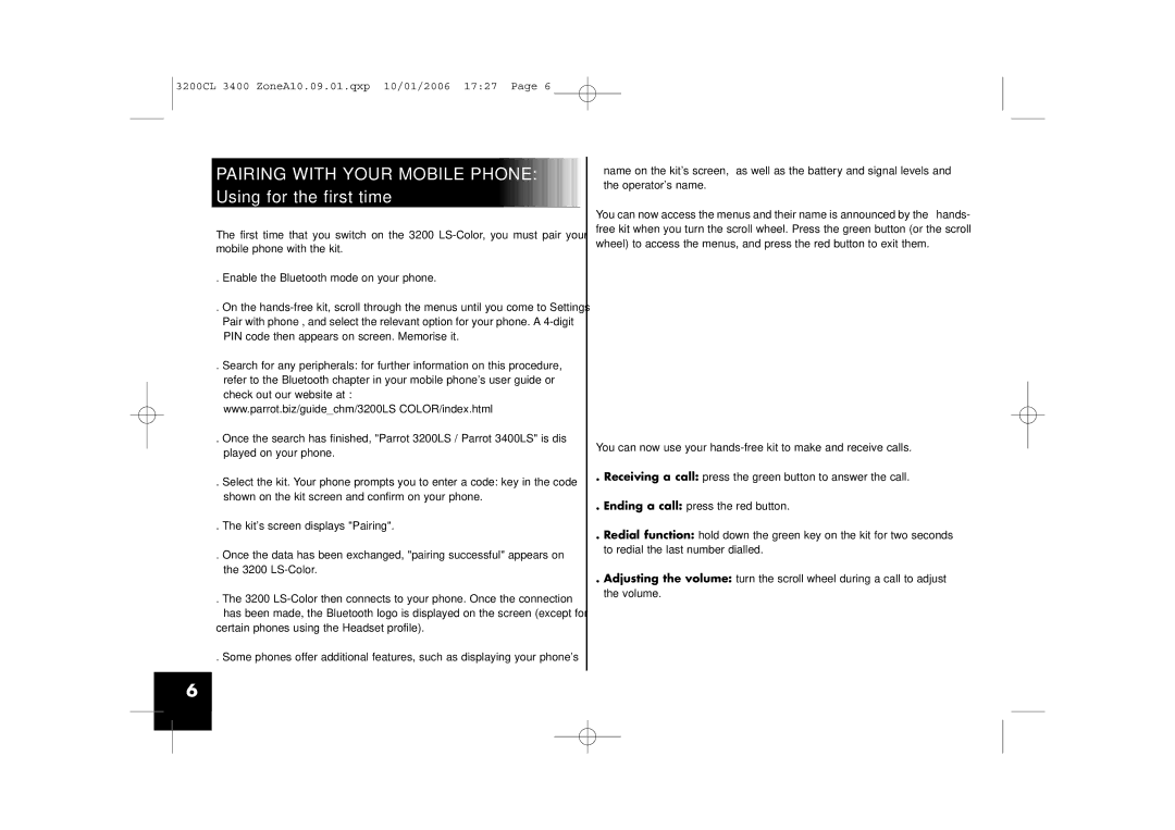 Parrot 3200, 3400 user manual Pairing with Your Mobile Phone Using for the first time 