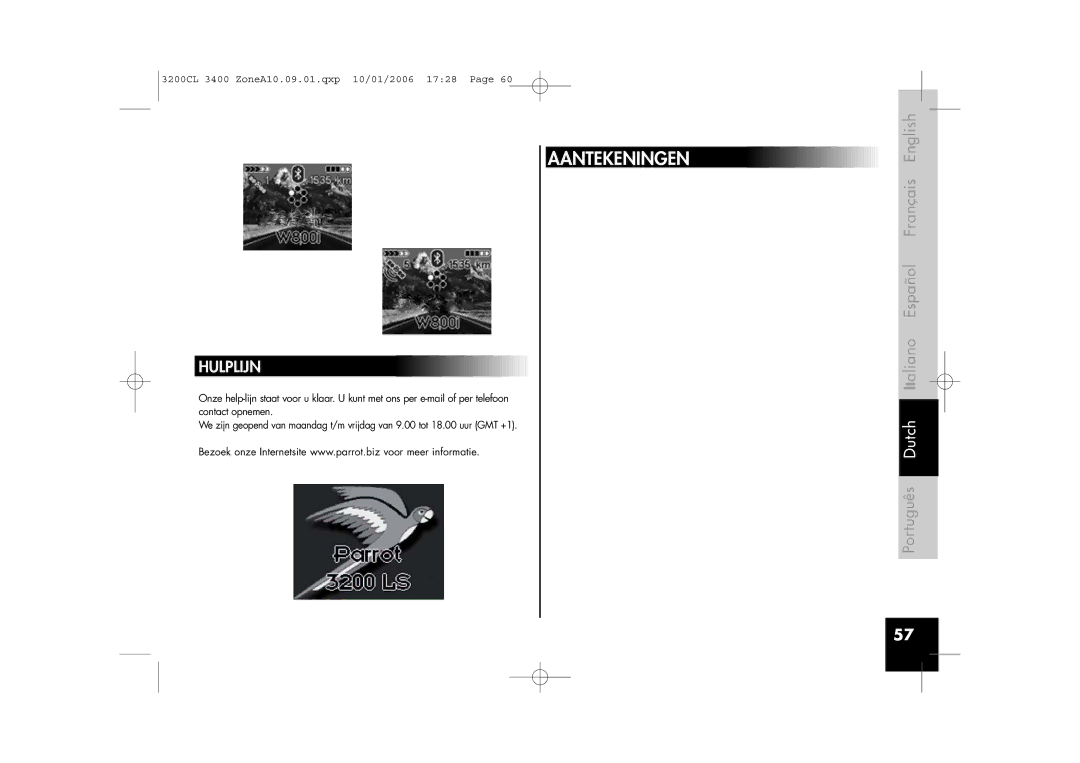 Parrot 3200, 3400 user manual Aantekeningen, Hulplijn 