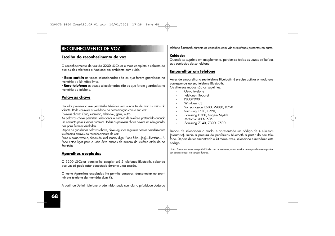 Parrot 3200, 3400 user manual Reconhecimento DE VOZ, Escolha do reconhecimento de voz, Palavras chave, Aparelhos acoplados 