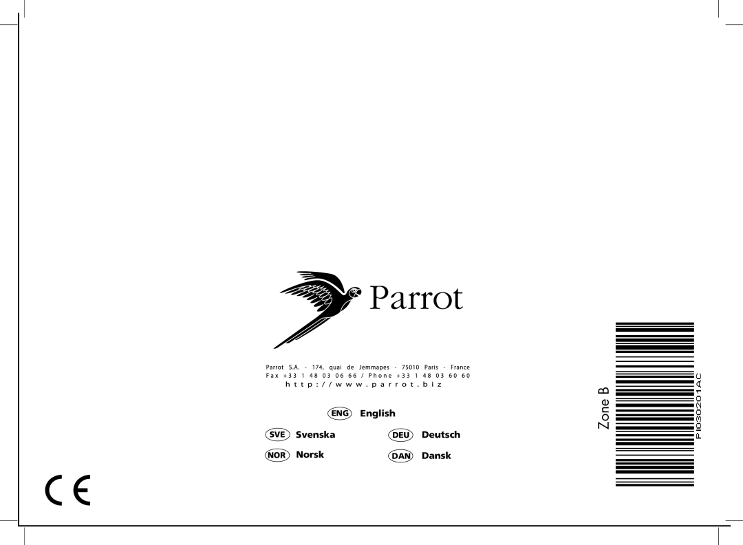 Parrot 3200, 3400 user manual Zone B, English, Svenska, Deutsch, Norsk, Dansk 