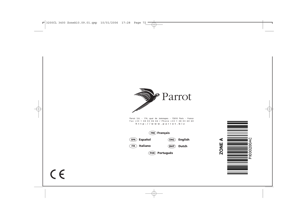 Parrot 3200, 3400 user manual Zone A, Français EspañolEnglish ItalianoDutch Português 