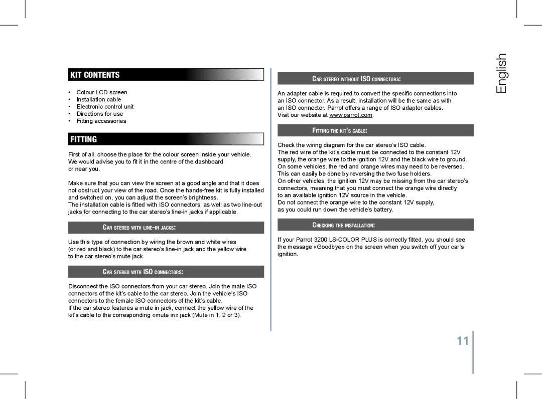 Parrot 3200 LS-COLOR PLUS user manual Kit contents, Fitting 