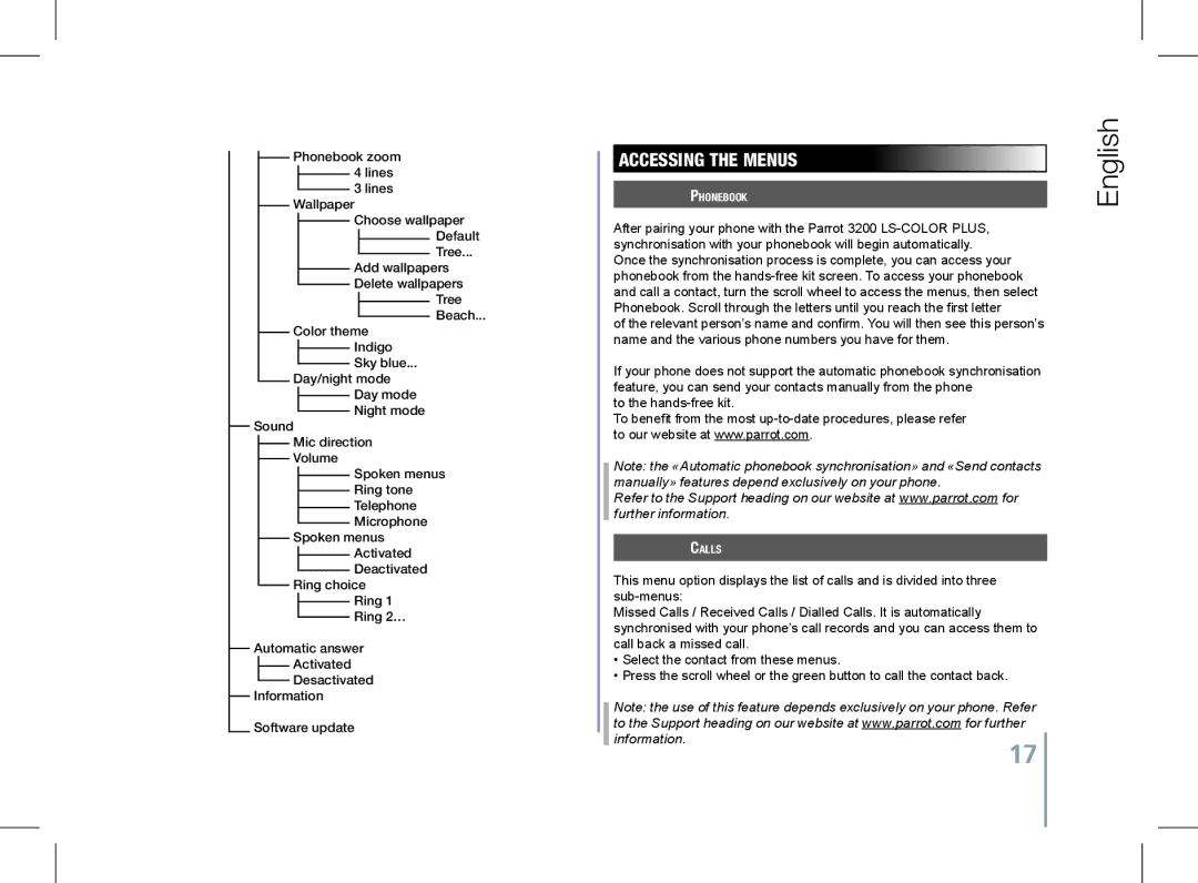 Parrot 3200 LS-COLOR PLUS user manual Accessing the Menus, To the hands-free kit, Phonebook, Calls 