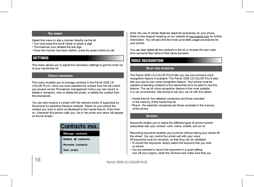 Parrot 3200 LS-COLOR PLUS user manual Settings, Voice Recognition 