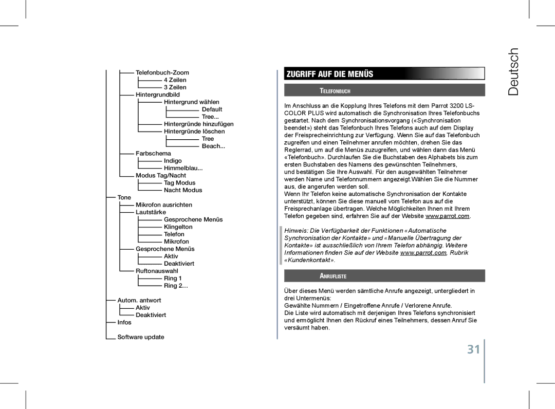 Parrot 3200 LS-COLOR PLUS user manual Zugriff AUF DIE Menüs, Telefonbuch, Anrufliste 