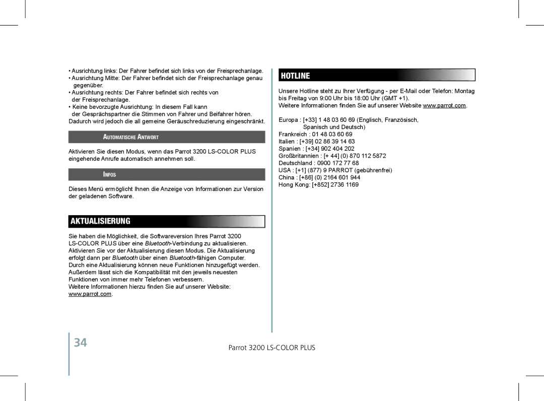 Parrot 3200 LS-COLOR PLUS user manual Aktualisierung, Automatische Antwort, Infos 