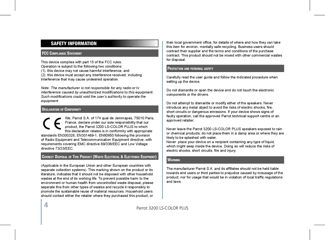 Parrot 3200 LS-COLOR PLUS user manual Safety Information, FCC Compliance Statement, Declaration of Conformity 