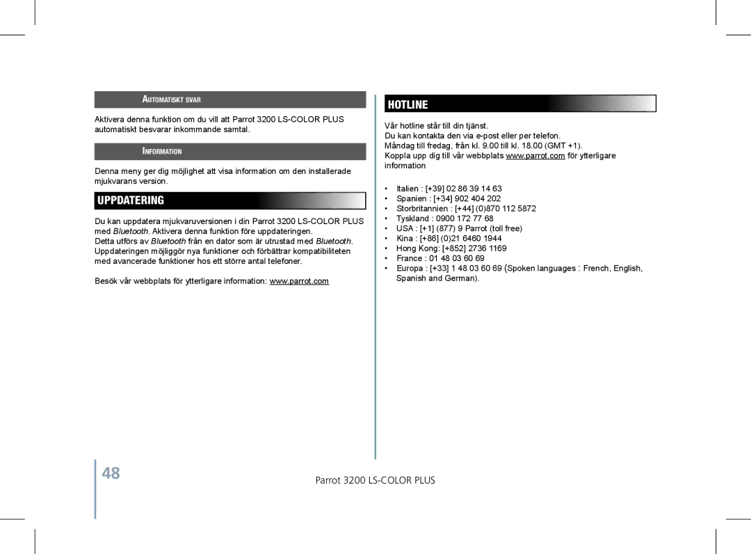 Parrot 3200 LS-COLOR PLUS user manual Uppdatering, Vår hotline står till din tjänst, Automatiskt svar 