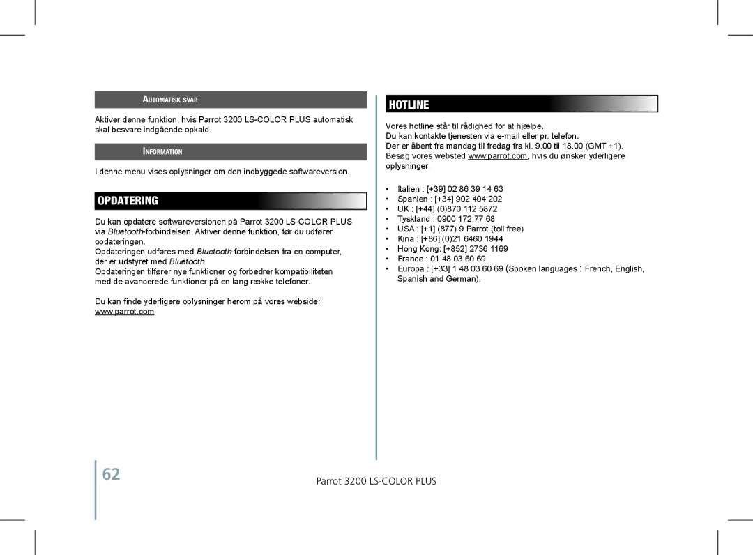 Parrot 3200 LS-COLOR PLUS user manual Opdatering, Automatisk svar 