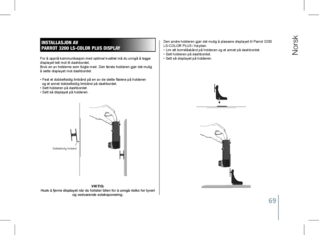 Parrot 3200 LS-COLOR PLUS user manual Installasjon av Parrot 3200 LS-COLOR Plus display, Viktig 