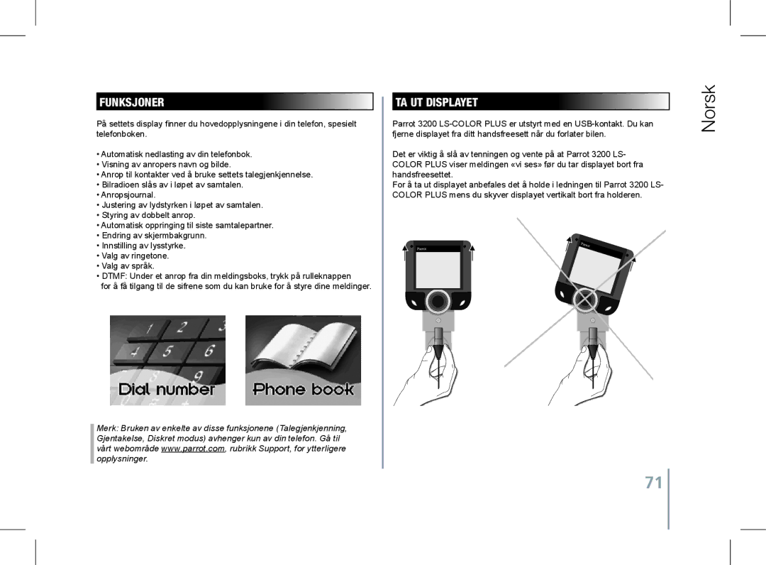 Parrot 3200 LS-COLOR PLUS user manual Funksjoner, Ta ut displayet 