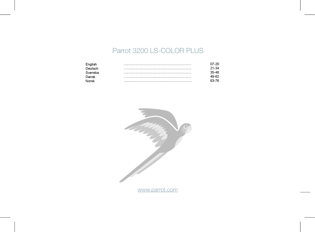 Parrot user manual Parrot 3200 LS-COLOR PLUS, English, 07-20, Deutsch, 21-34, Svenska, 35-48, Dansk, 49-62, Norsk, 63-76 