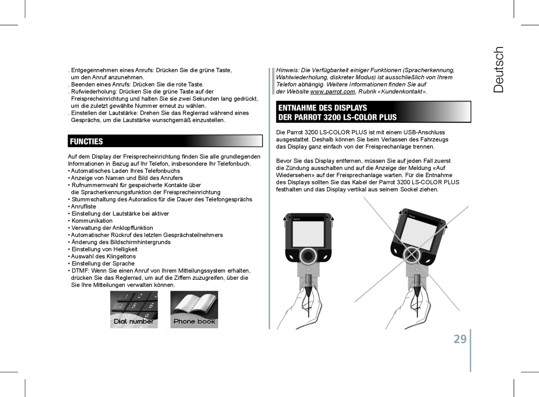 Parrot user manual Functies, Entnahme des Displays der Parrot 3200 LS-COLOR PLUS, Deutsch 