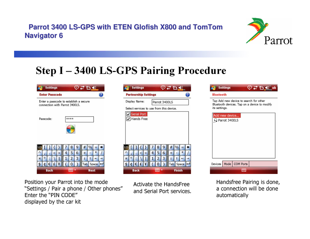 Parrot 3400 LS, X800 manual Connection will be done 
