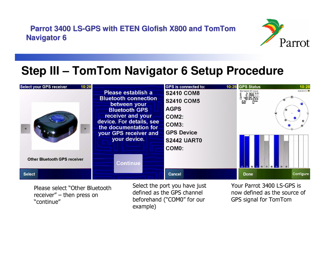 Parrot 3400 LS, X800 manual Step III TomTom Navigator 6 Setup Procedure 