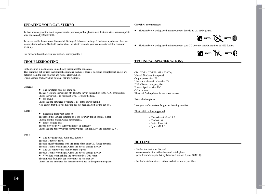 Parrot Car CD MP3 Player user manual Updating Your CAR Stereo, Troubleshooting, Technical Specifications, Hotline 