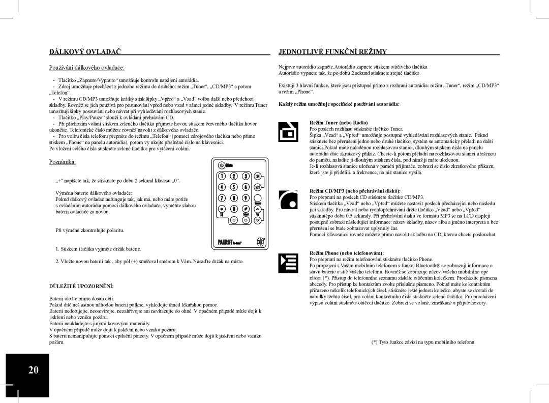 Parrot Car CD MP3 Player user manual Dálkový Ovladač, Jednotlivé Funkční Režimy, Režim CD/MP3 nebo přehrávání disků 