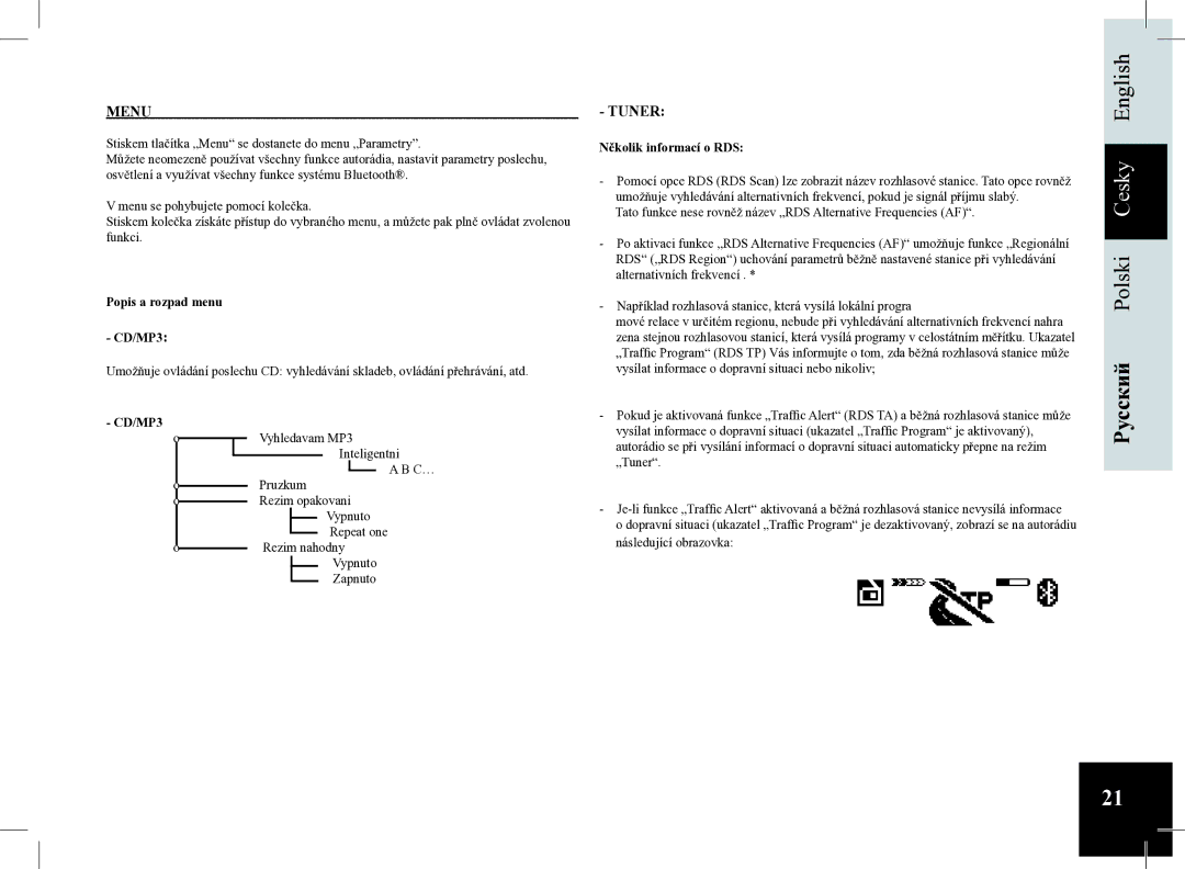 Parrot Car CD MP3 Player user manual Menu, Tuner, Popis a rozpad menu CD/MP3, Několik informací o RDS 