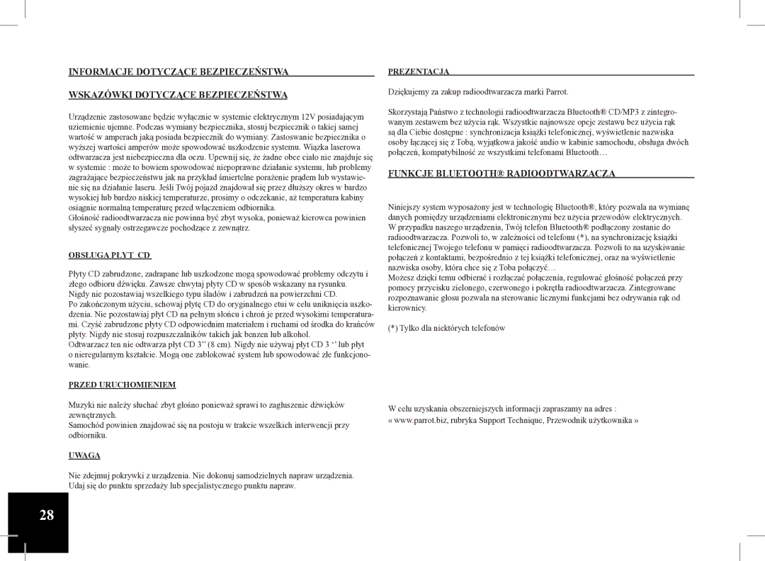 Parrot Car CD MP3 Player Funkcje Bluetooth Radioodtwarzacza, Obsługa Płyt CD, Przed Uruchomieniem, Uwaga, Prezentacja 