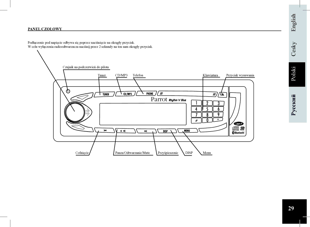 Parrot Car CD MP3 Player user manual Русский Polski, Panel Czołowy 