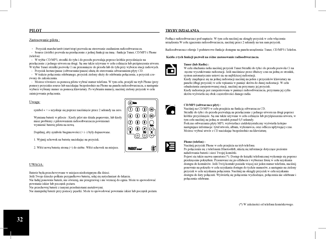 Parrot Car CD MP3 Player user manual Pilot, Tryby Działania, CD/MP3 odtwarzacz płyt, Phone telefon 