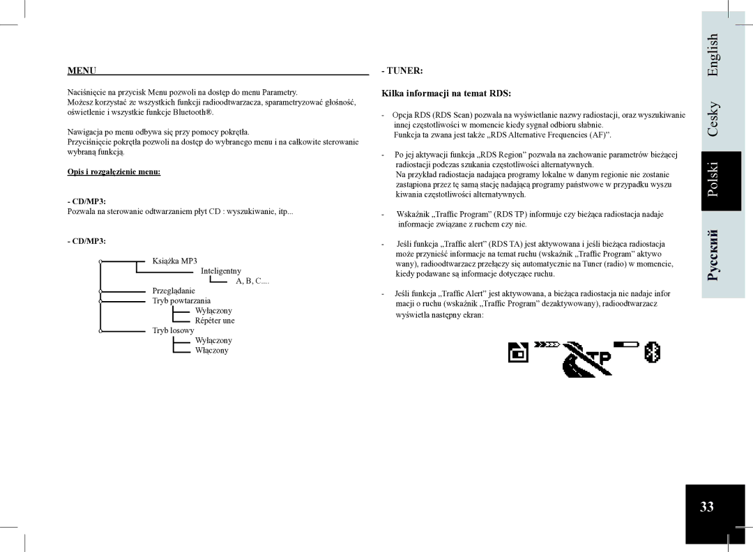 Parrot Car CD MP3 Player user manual Kilka informacji na temat RDS, Opis i rozgałęzienie menu CD/MP3 