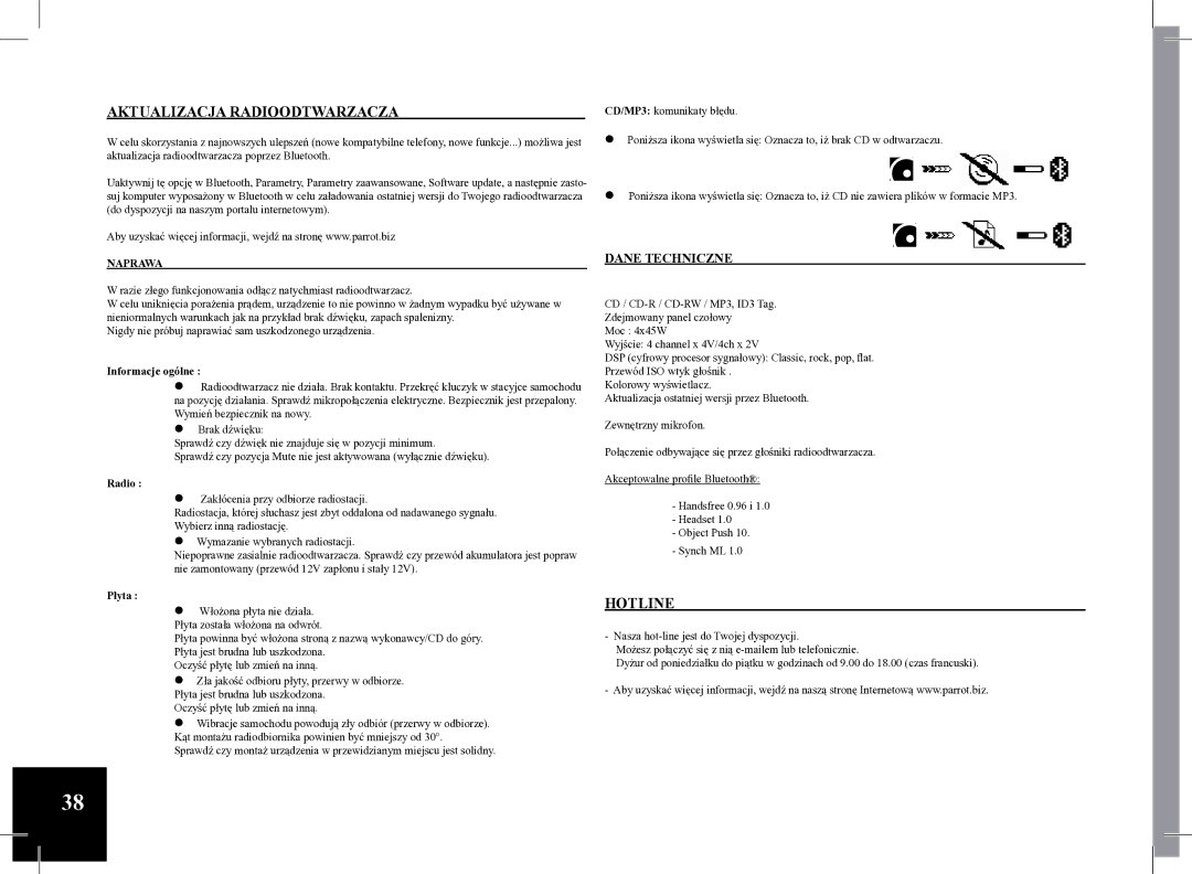 Parrot Car CD MP3 Player user manual Aktualizacja Radioodtwarzacza, Dane Techniczne, Informacje ogólne, Płyta 