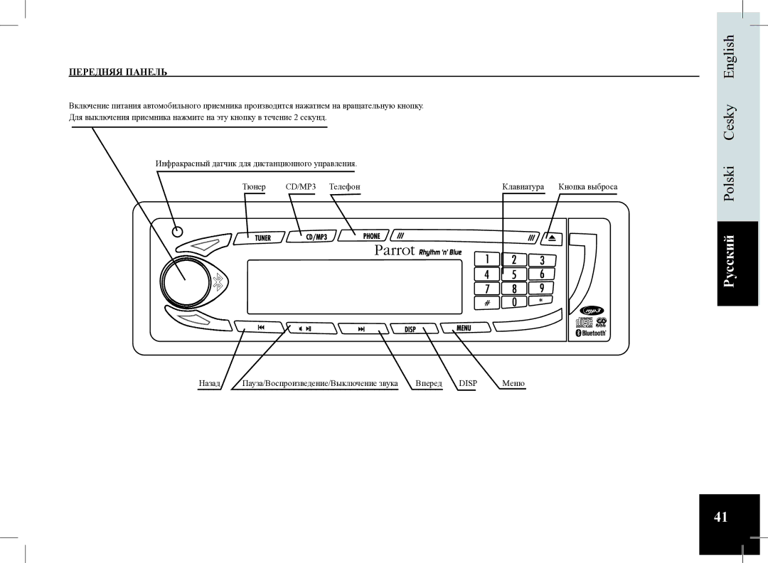 Parrot Car CD MP3 Player user manual Передняя Панель 