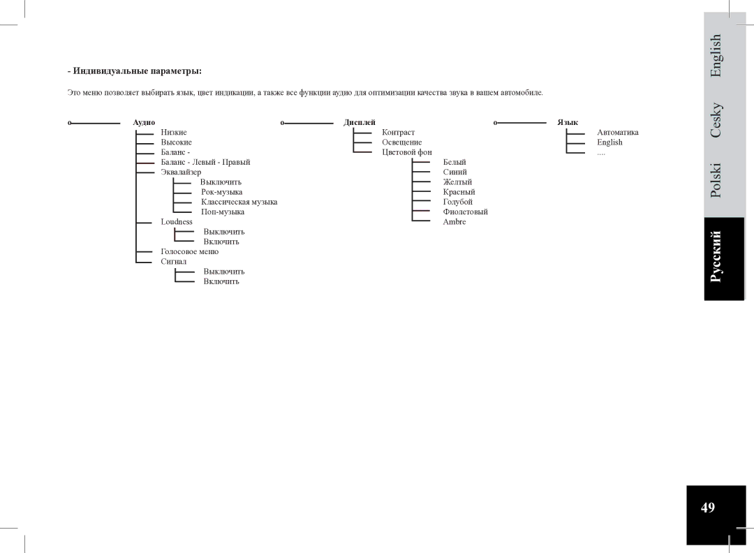 Parrot Car CD MP3 Player user manual Индивидуальные параметры, Аудио Дисплей Язык 