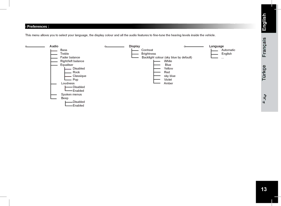 Parrot CD/MP3 Hands-free Receiver RHYTHM N' BLUE user manual Preferences, Audio Display Language 
