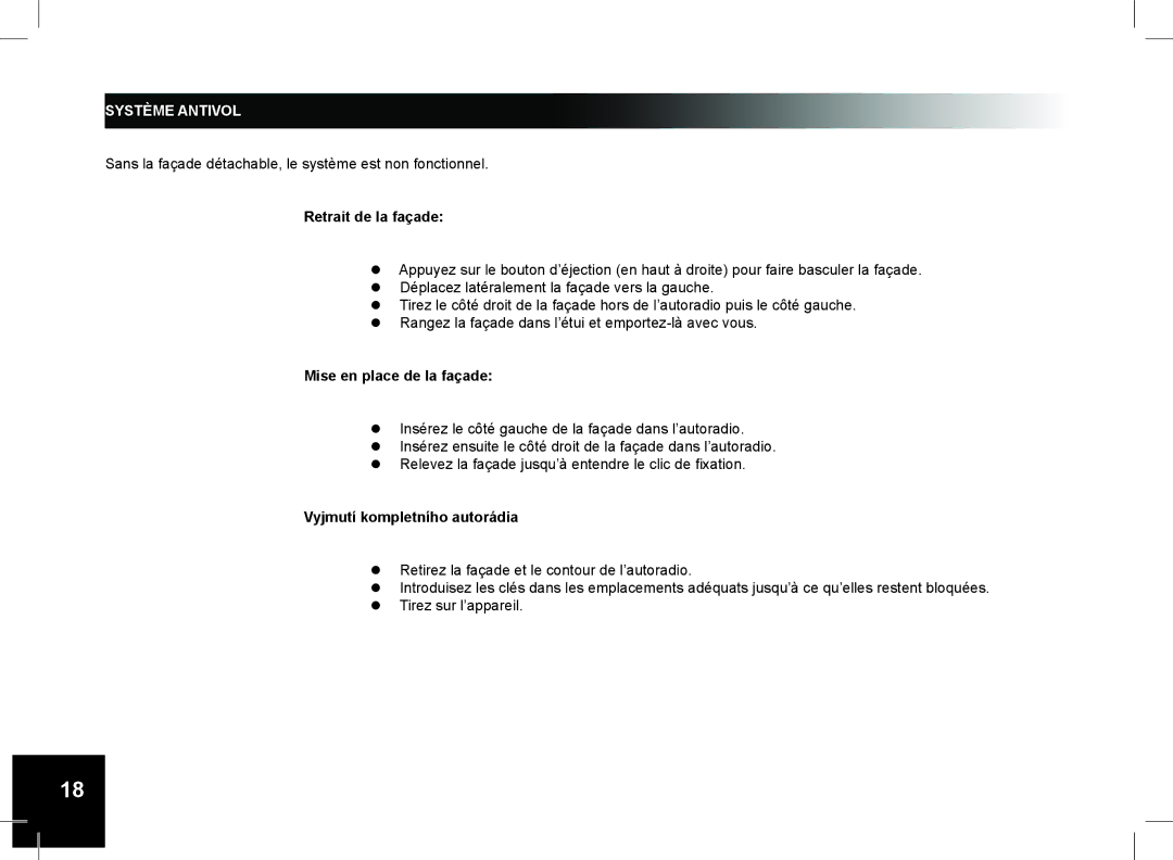 Parrot CD/MP3 Hands-free Receiver RHYTHM N' BLUE Système antivol, Retrait de la façade, Mise en place de la façade 