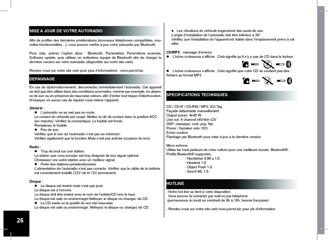 Parrot CD/MP3 Hands-free Receiver RHYTHM N' BLUE Mise a Jour DE Votre Autoradio, Depannage, Specifications Techniques 