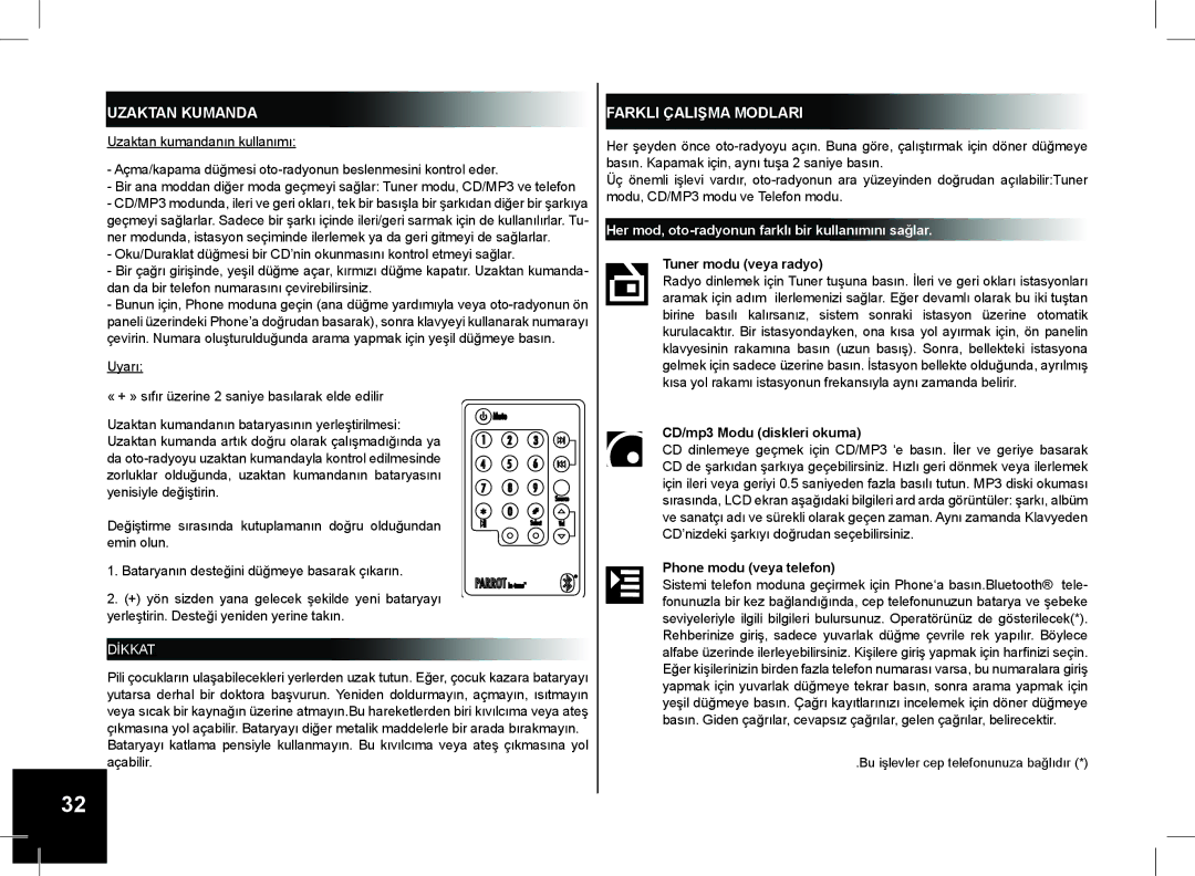 Parrot CD/MP3 Hands-free Receiver RHYTHM N' BLUE user manual Uzaktan Kumanda, Farkli Çalişma Modlari 