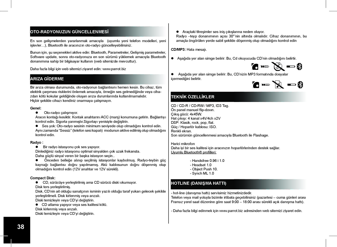 Parrot CD/MP3 Hands-free Receiver RHYTHM N' BLUE user manual OTO-RADYONUZUN Güncellenmesİ, Ariza Gİderme, Teknİk Özellİkler 