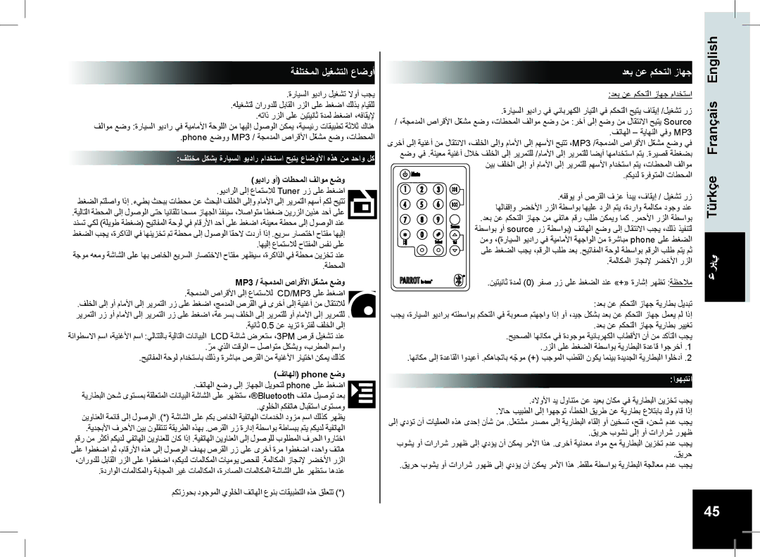 Parrot CD/MP3 Hands-free Receiver RHYTHM N' BLUE user manual ةفلتخملا ليغشتلا عاضوأ, دعب نع مكحتلا زاهج, عربي 