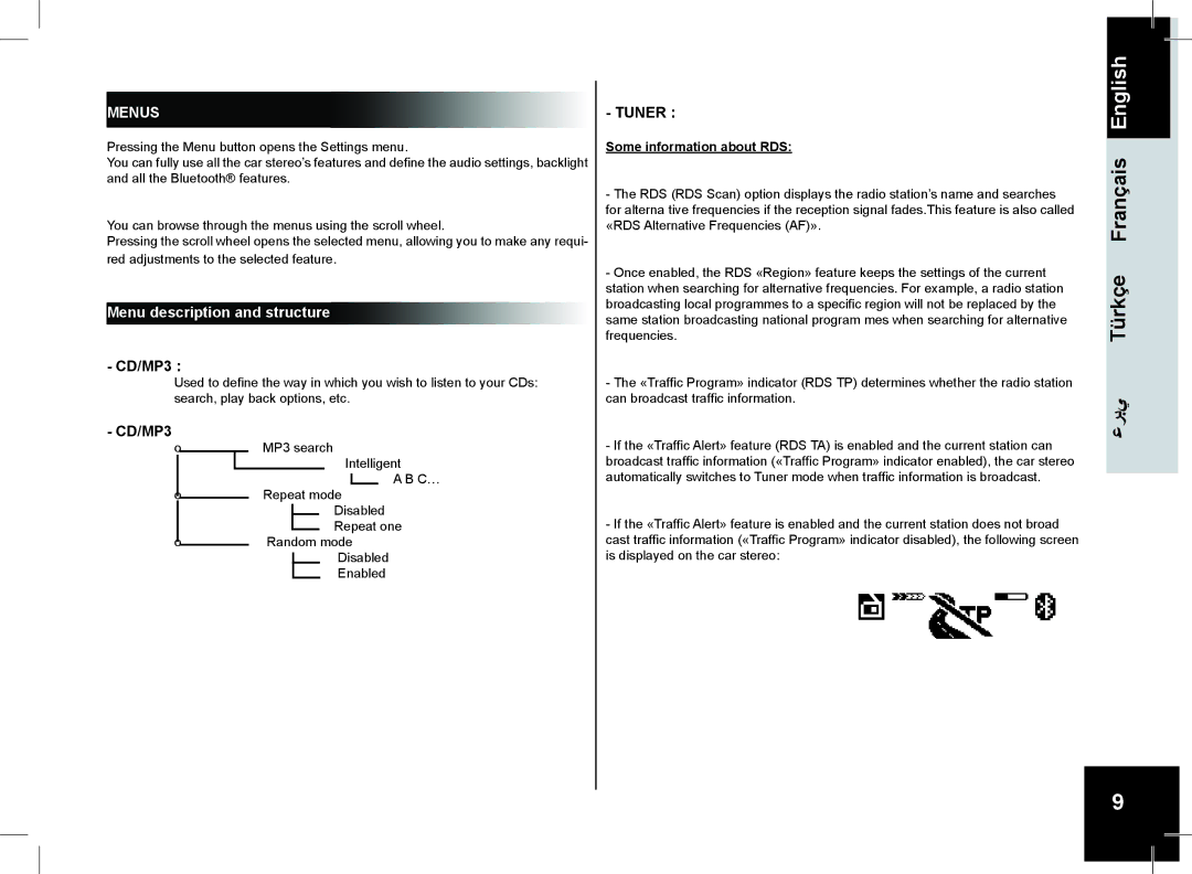 Parrot CD/MP3 Hands-free Receiver RHYTHM N' BLUE user manual Menus, Some information about RDS 