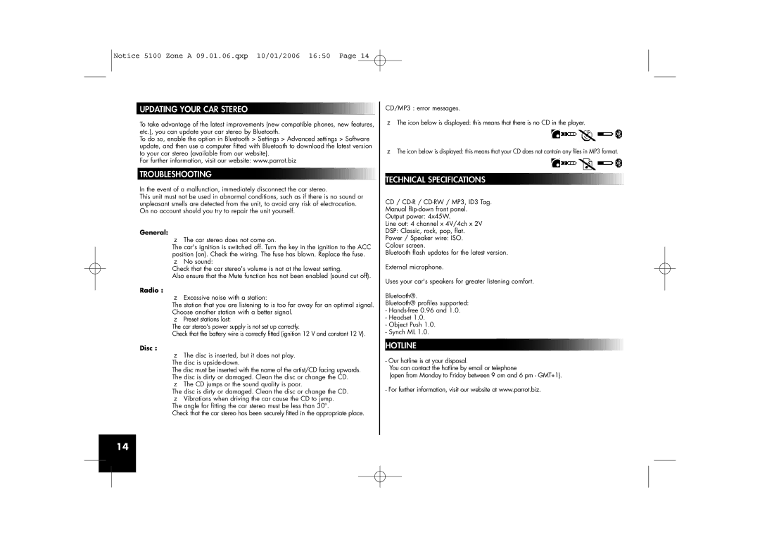 Parrot CD/MP3 Hands-free Receiver user manual Troubleshooting, Technical Specifications, Hotline 