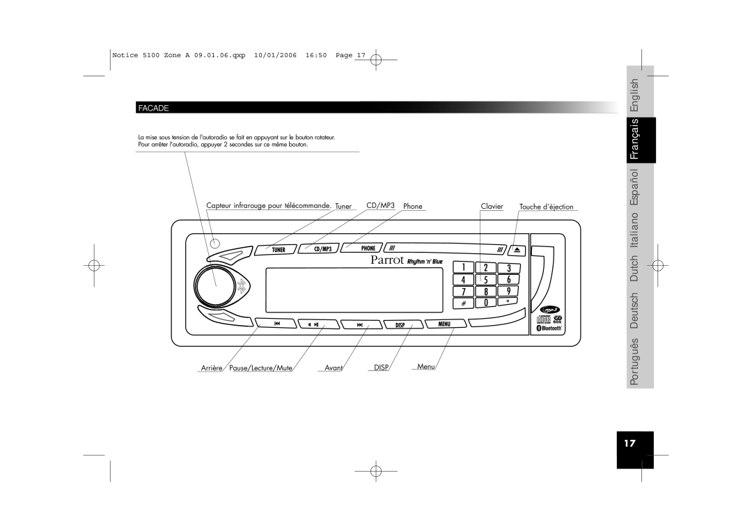 Parrot CD/MP3 Hands-free Receiver user manual Facade, Touche d’éjection 