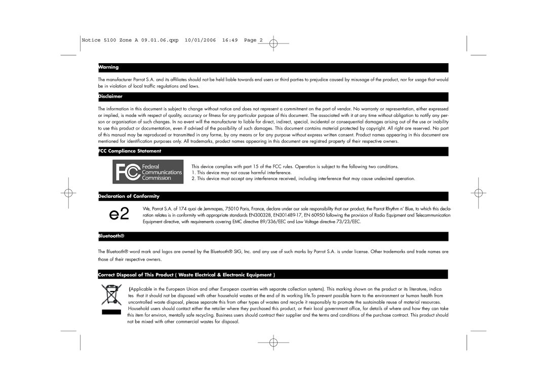 Parrot CD/MP3 Hands-free Receiver user manual Disclaimer, FCC Compliance Statement, Declaration of Conformity, Bluetooth 