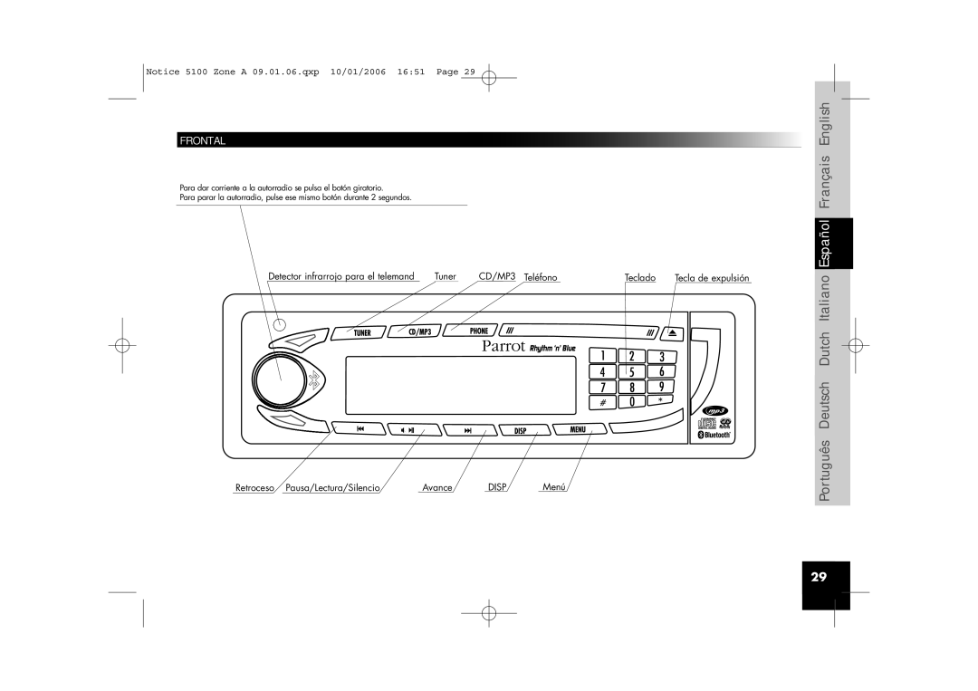 Parrot CD/MP3 Hands-free Receiver user manual Frontal, Tecla de expulsión 