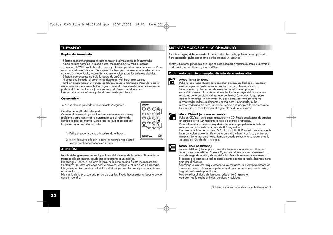 Parrot CD/MP3 Hands-free Receiver Telemando, Distintos Modos DE Funcionamiento, Empleo del telemando, Observación 