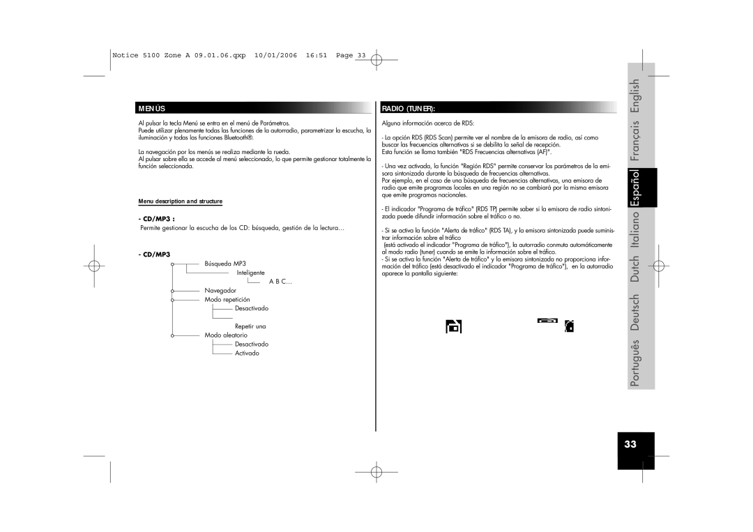 Parrot CD/MP3 Hands-free Receiver user manual Menús, Radio Tuner 