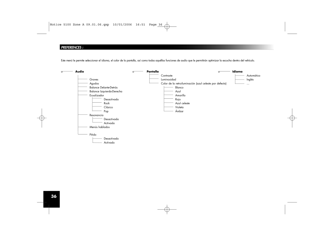 Parrot CD/MP3 Hands-free Receiver user manual Preferences, Audio Pantalla Idioma 