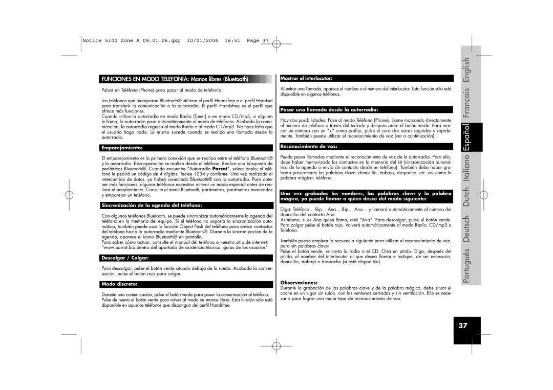 Parrot CD/MP3 Hands-free Receiver user manual Emparejamiento, Sincronización de la agenda del teléfono, Descolgar / Colgar 