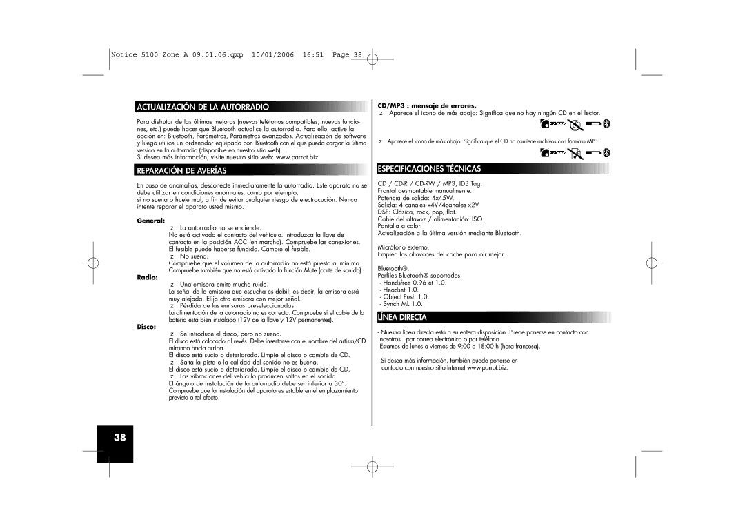 Parrot CD/MP3 Hands-free Receiver user manual Reparación DE Averías, Especificaciones Técnicas, Línea Directa, Disco 