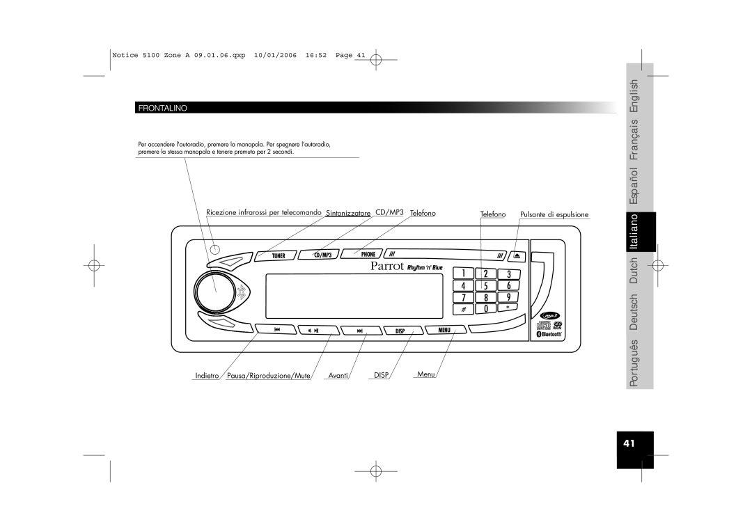 Parrot CD/MP3 Hands-free Receiver user manual Frontalino, Pulsante di espulsione 