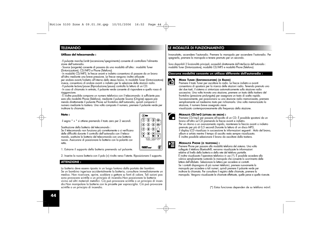 Parrot CD/MP3 Hands-free Receiver user manual LE Modalità DI Funzionamento, Utilizzo del telecomando, Nota 