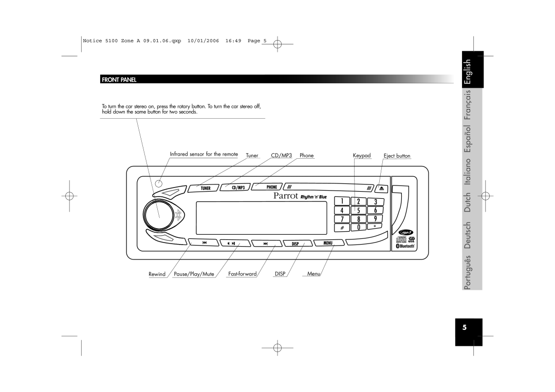 Parrot CD/MP3 Hands-free Receiver user manual Front Panel, Eject button 